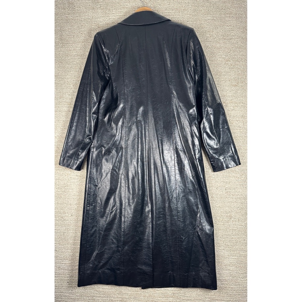 Danielle Bernstein Black Faux Leather Trench Coat Long Jacket Textured Vegan M - Picture 2 of 13